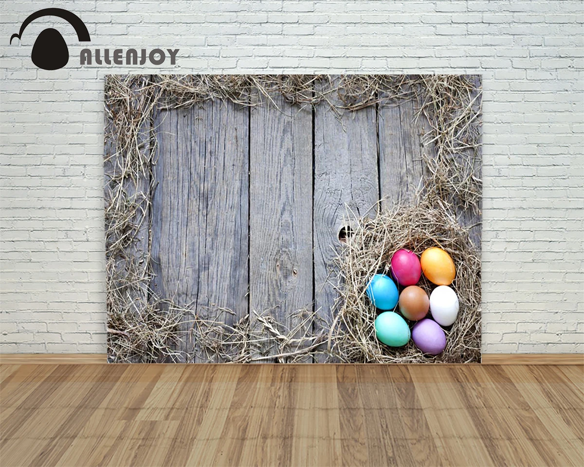 Allenjoy background Happy easter eggs wood yellow grass decorated eggs