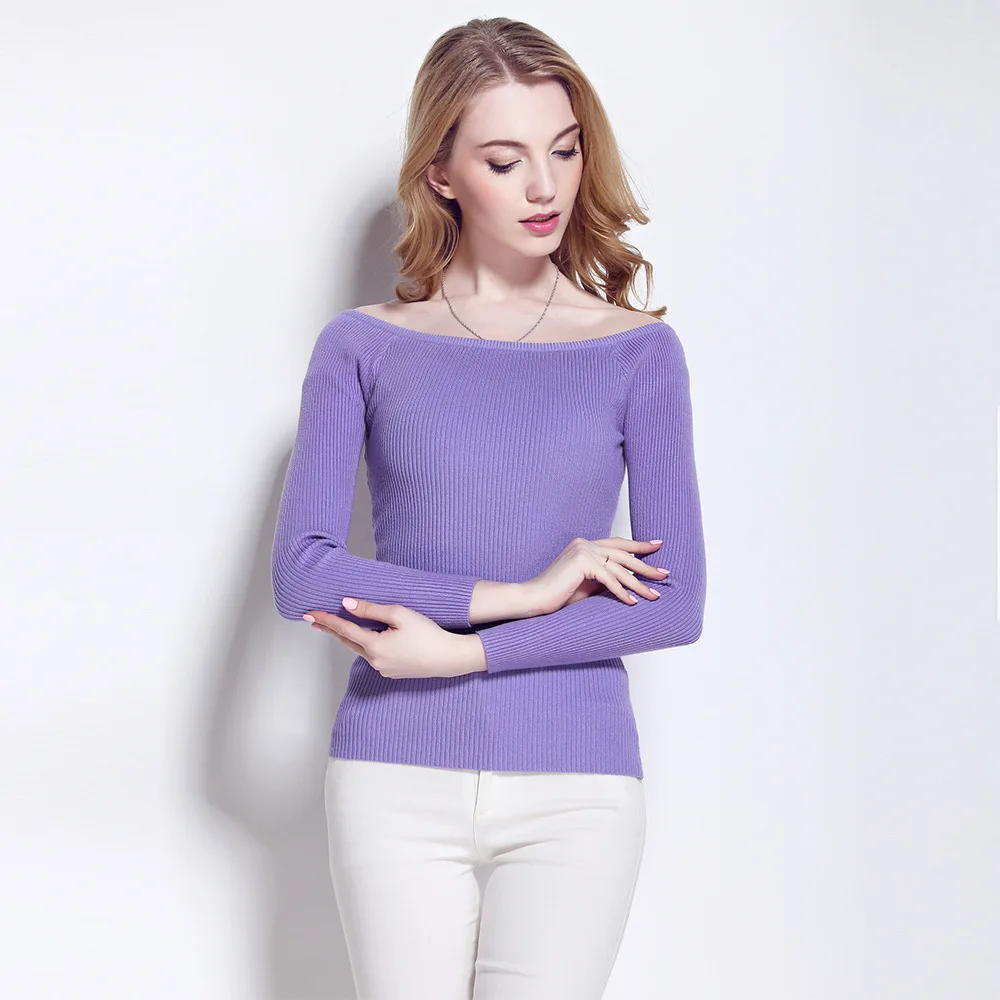 

2019 Spring New Arrival Long-sleeve Knitted Pullover Slash Neck Pit-striped Sweater Women 12 Colors Available Free Shipping