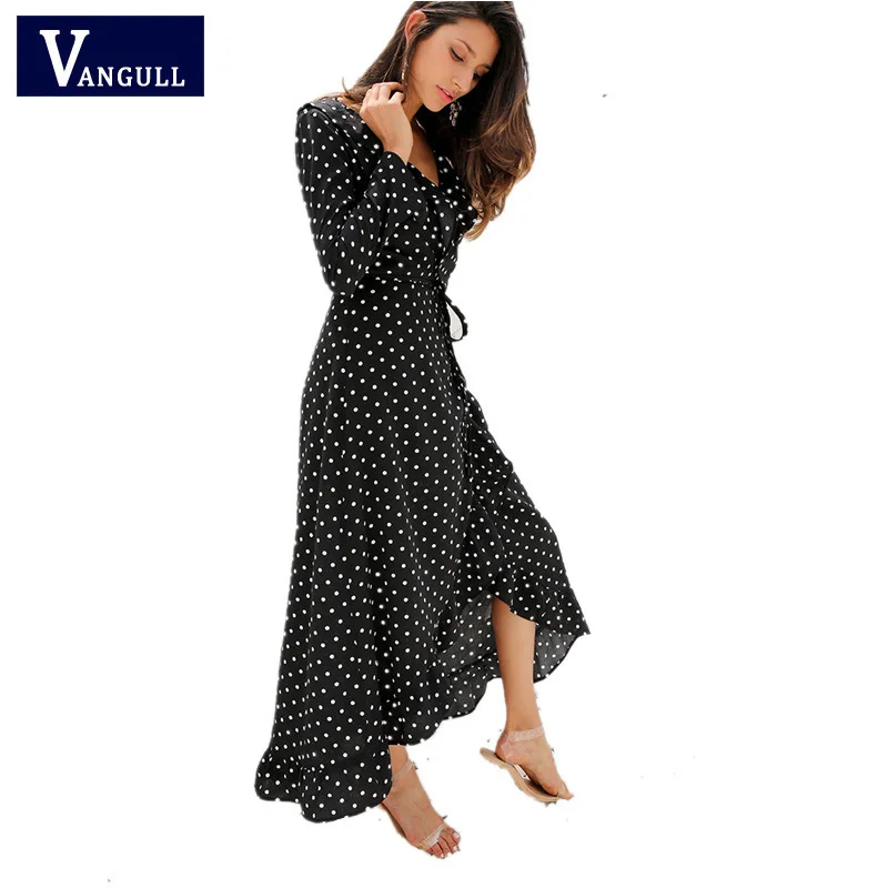 Vangull النساء فستان مكشكش السيدات أنيقة اللباس غير النظامية طويلة فساتين 2019 جديد الصيف مثير الخامس الرقبة كم طويل دوت طباعة اللباس