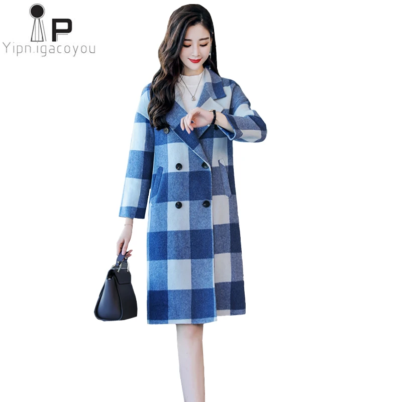 Plus Laine Longue gray Blue La Automne Carreaux Manteau Femmes Qualité Grate Pardessus Double Coffee Grid Haute D'hiver Taille De Mode Nouvelle Boutonnage À Veste r4wXrd