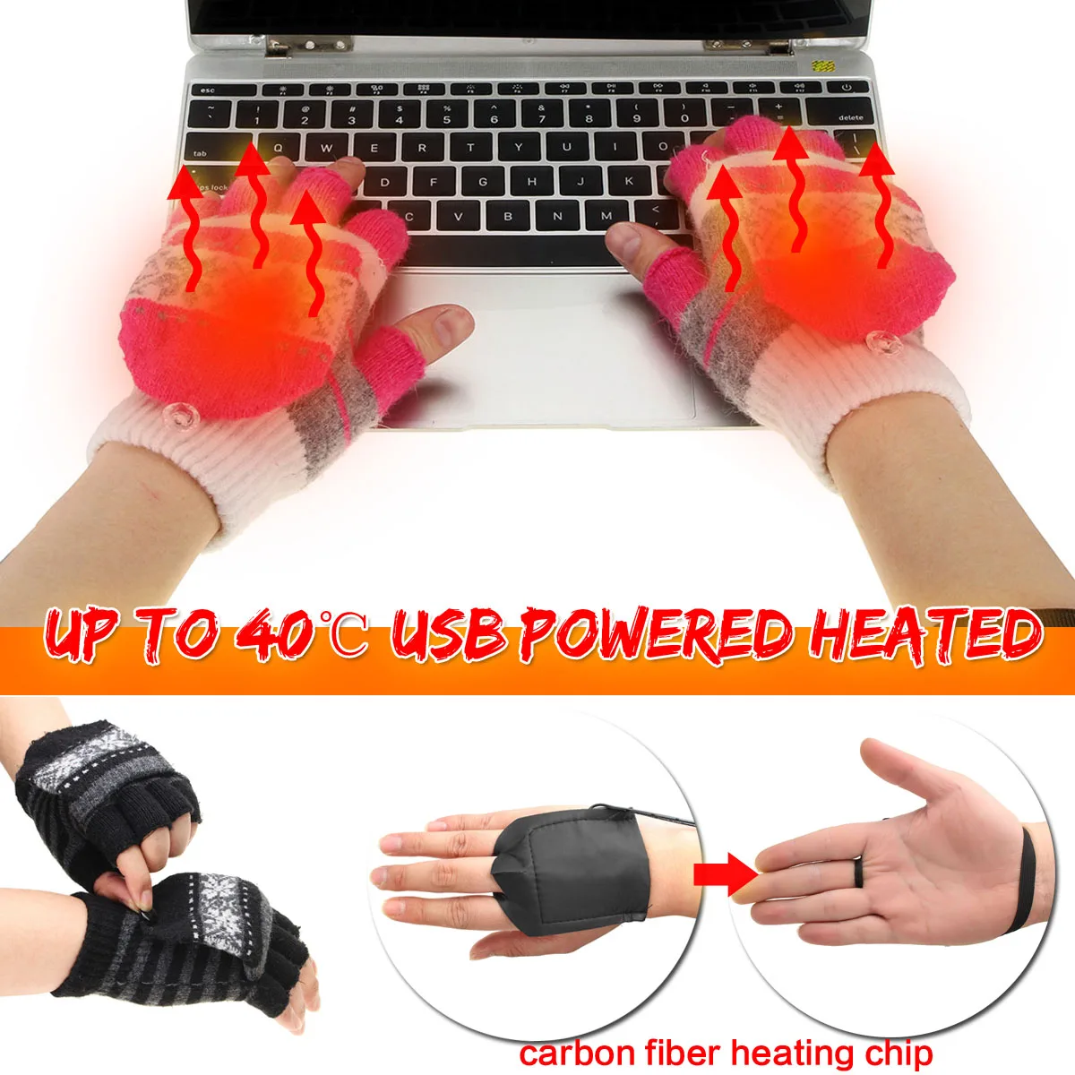 

Men Women Wool Electric USB Heated Gloves + Heating Pad Touchs Screen Winter Knitting Thermal Warm Gloves