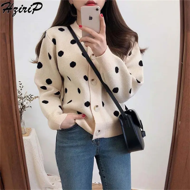 

HziriP 2019 Autumn Spring Winter Vintage Cardigans Fashion Loose Female Casual Korean Knitted Single Breasted Sweater Women Dots