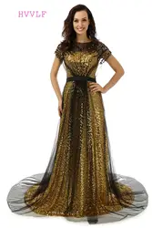 Золотистый и черный Вечерние платья 2018 A-Line Кепки рукава бисером Squins длинное вечернее платье для выпускного вечера платье на выпускной