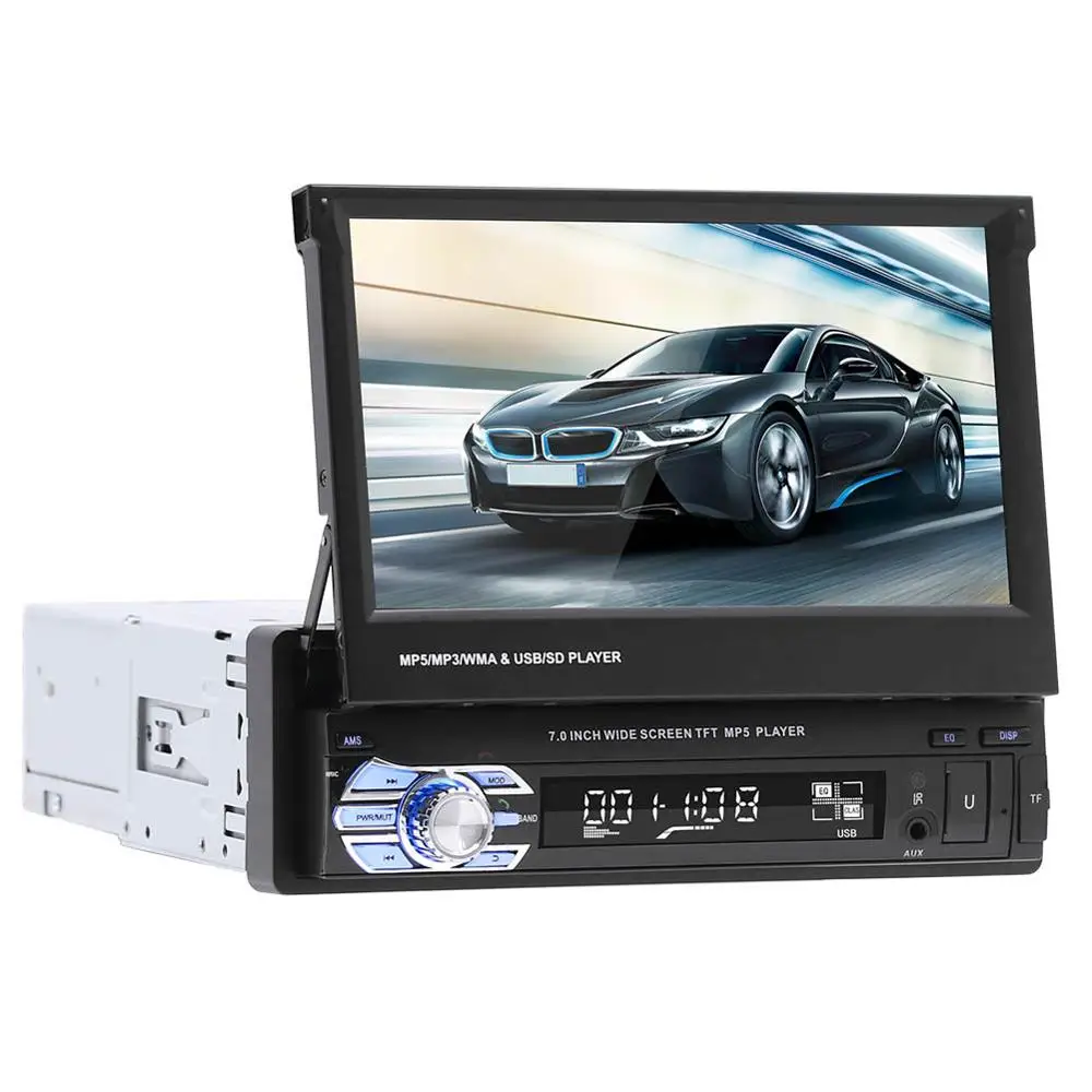 US $109.60 Car Stereo Receiver 1din Audio Bluetooth Radio With 7 HD Retractable Touch Screen Monitor MP5 Player SD FM USB Rear View Camera