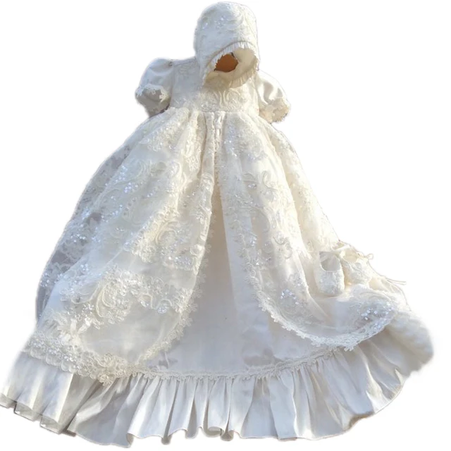 Cheap with Hat Baby Christening Dresses Half Sleeves A-Line Lace O-Neck Formal Solid New Arrival High Quality Baby Baptim Gowns Girl