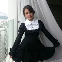 Новинка, модное черное платье в консервативном стиле, милое платье лолиты с длинными рукавами-фонариками, винтажное приталенное платье в стиле Лолиты