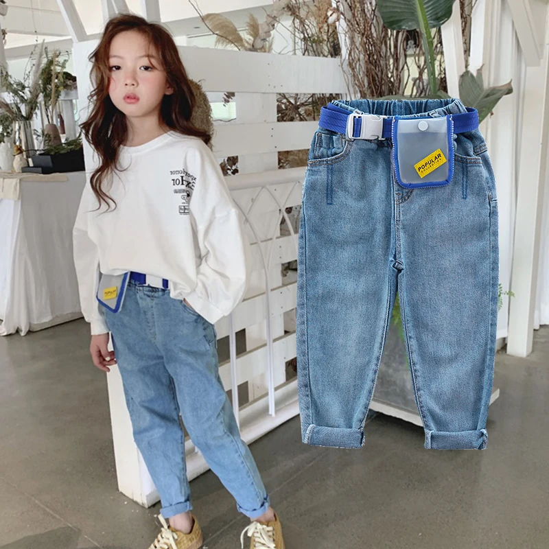

4-13 years old girls Jeans spring Fashion children's trousers washed Classic blue all match pants Cotton to send waist bag belt
