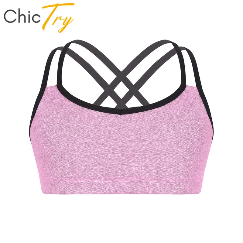 

ChicTry Kids Girls Shiny Metallic Double Shoulder Straps Ballet Gymnastics Crop Tops Children Stage Performance Dance Costume