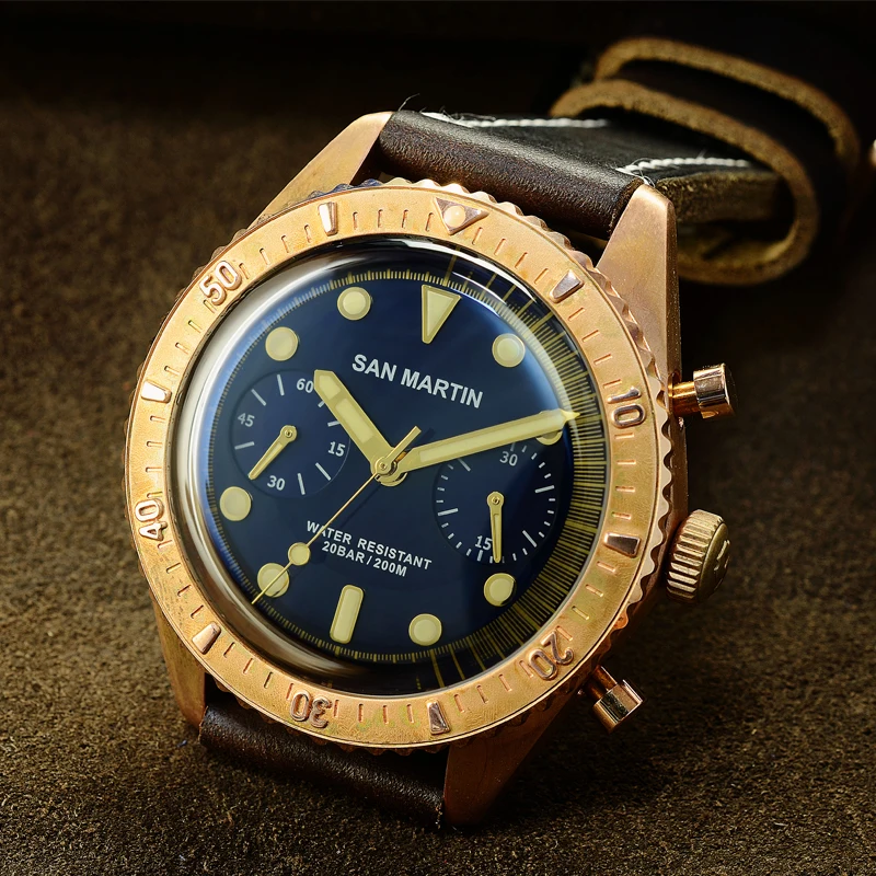 Часы San Martin Sixty Five бронзовые автоматические часы для дайвинга ETA7753 с хронографом 200