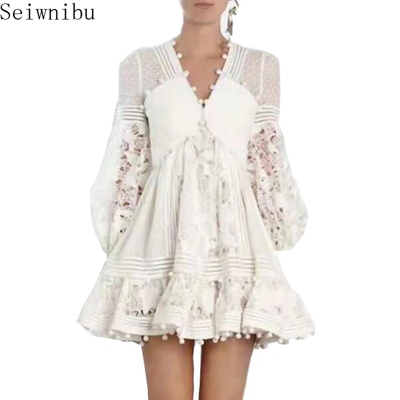 

Women Autumn Mini Dress 2018 New Arrival Lace Patchwork Floral Embroidery Party Dresses Long Lantern Sleeves