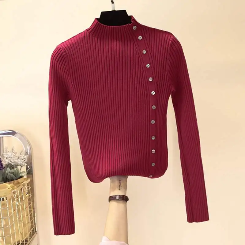 

GIGOGOU Autumn Winter Thick Women Sweater Pullovers Button Turtleneck Basic Jumper Top Slim Soft Long Sleeve Pull Femme Sweater