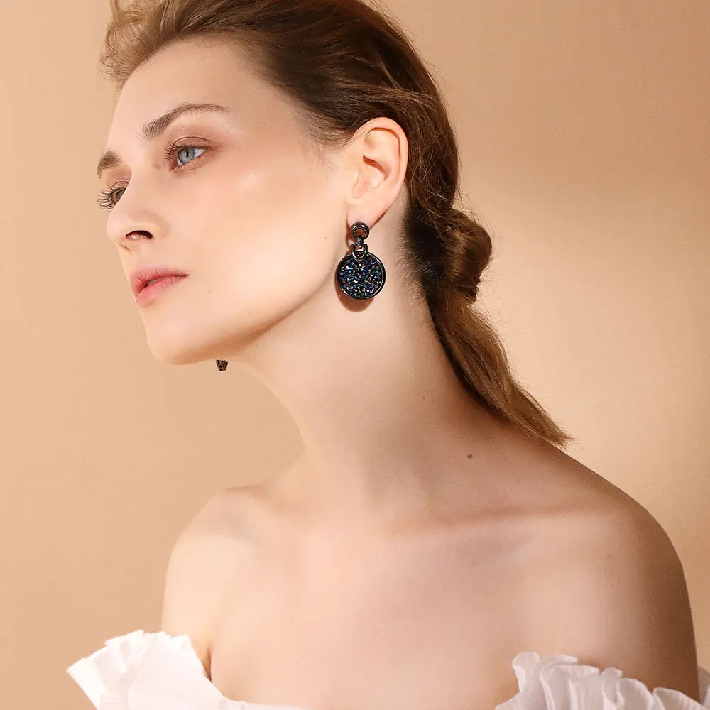Viennois Gun/Rose Gold Color Dangle Earrings For women With Crystals Paved Round Vintage Earrings Jewelry