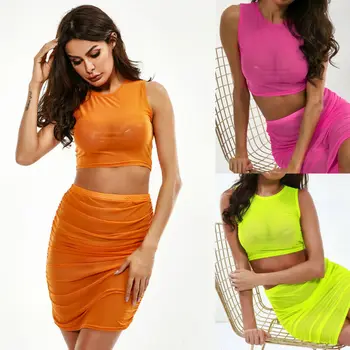 

Women Two Piece Crop Top Skirt Dress Set Sexy navel mesh perspective Clothes Set Sheer Bodycon Evening Party Cocktail
