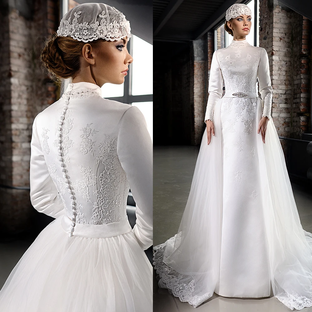 Vintage Satin font b Hijab b font Muslim Wedding Dresses Luxury Beaded Lace High Neck Detachable