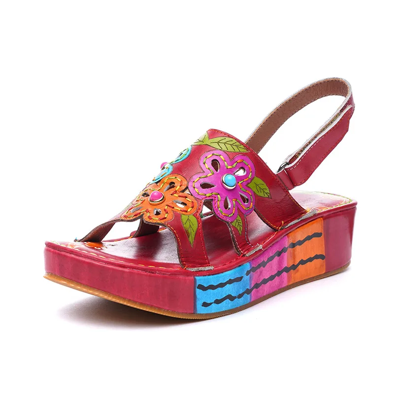 

Flowers 2019 Summer Shoes Women Wedges Platform Sandals Genuine Leather Open Toe Flower Slingback girls Large Size Sandals