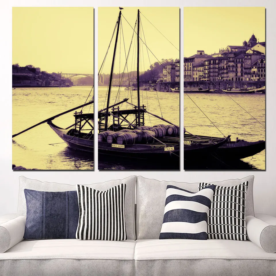 3 Panels Canvas Art Portugal City River Boat Home Decor Wall Art