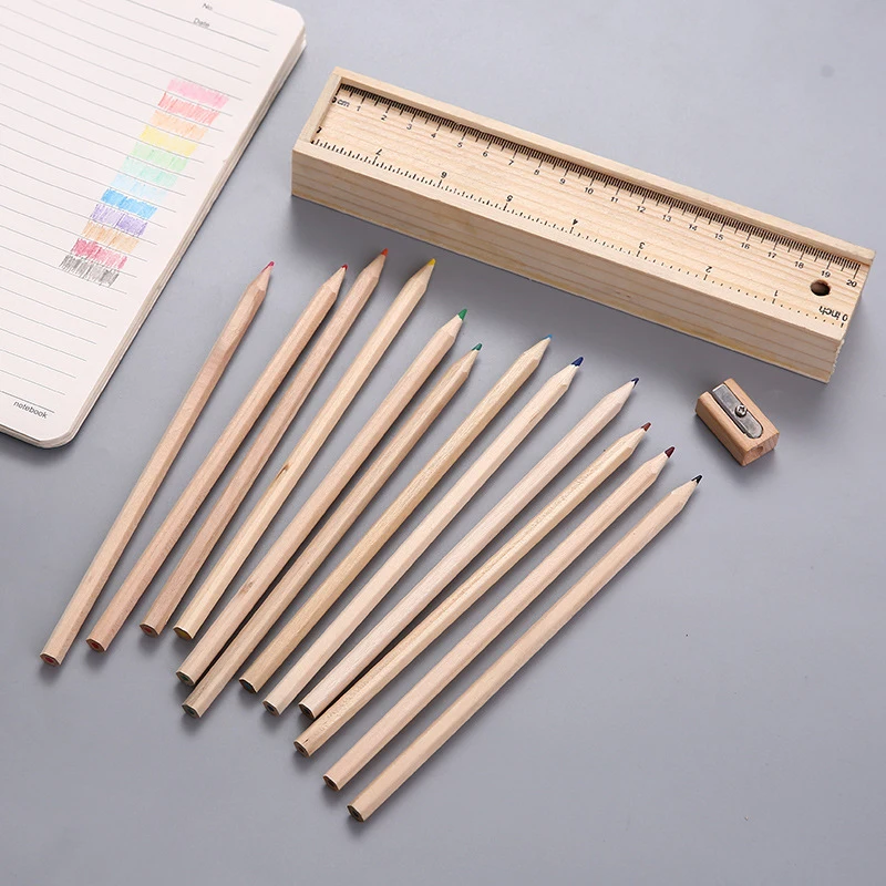 

12 Pcs/box Colorful Wooden Pencil with Pull Type Ruler Lid Wood Box Stationery Student Writing Pencil School Supply Kids Gift