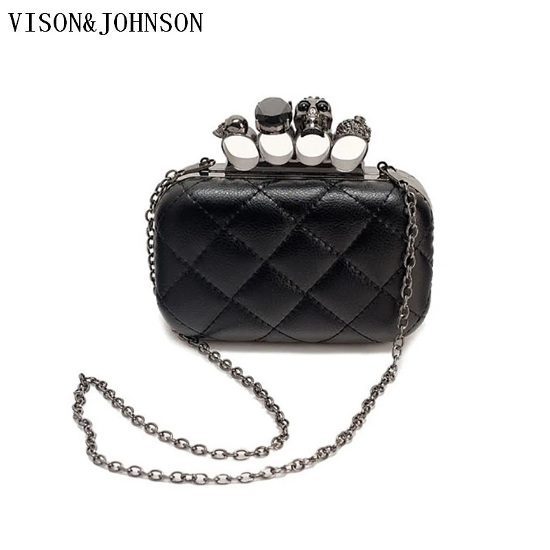 

Skull Ring Womens Purses and Bags VISON&JOHNSON Hipster Punk Personalized Chain Wallet Evening Clutch bag Pochette sac femme