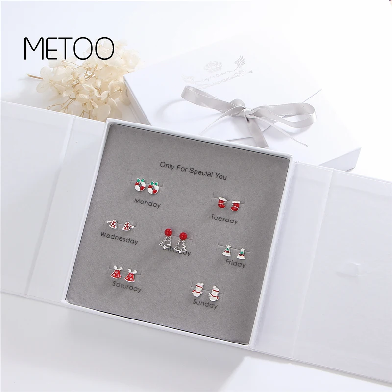 

METOO 7 Pairs/set 925 Sterling Silver Earrings for Women One Week Earrings Sets Branch Sheep Four Leaf Clover Pearl Earring Star