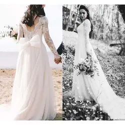 Романтические белые кружевные свадебные платья с длинным рукавом с открытой спиной Свадебные платья с бантом с коротким шлейфом А-силуэта