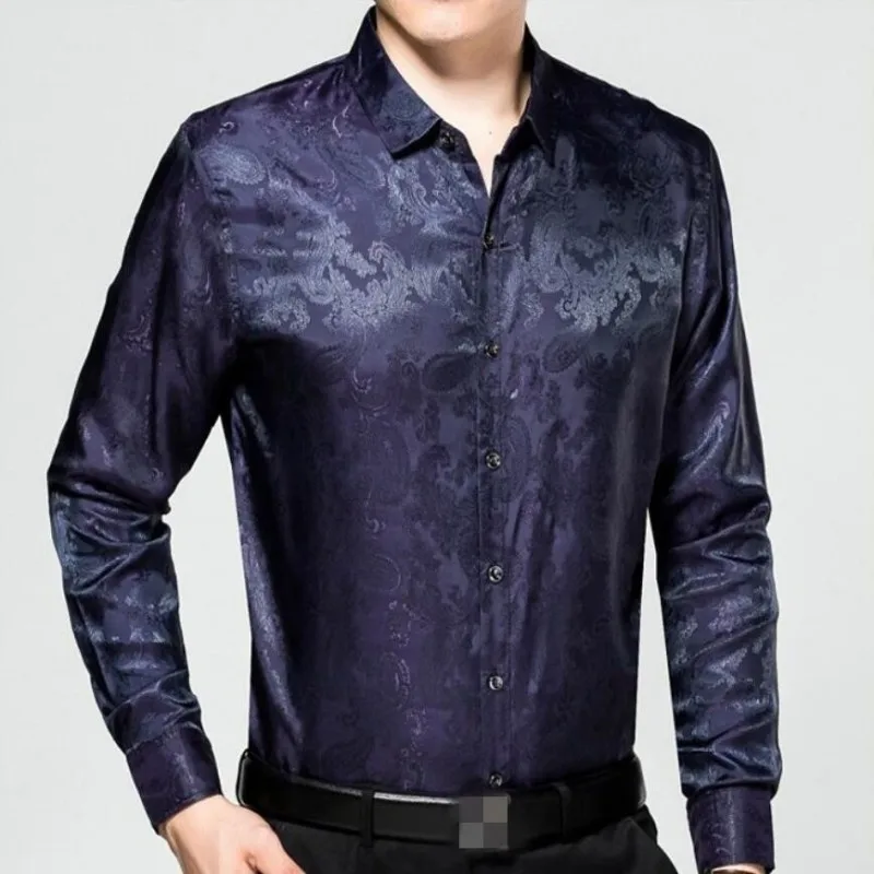 Classique Hommes Nouveauté Loisirs Mince Pour Longues black Homme red Chemises D'affaires Impression Hauts Manches 2019 Soie Printemps Gentlmen Floral Blue q57wd5