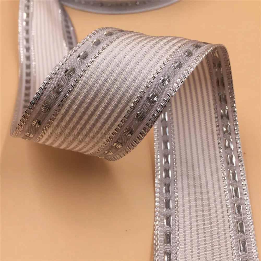 

38MM Wired Silver Dots Edge Striped Metallic Ribbon Party Wedding Decoration Gift Wrapping Christmas DIY Material 25Yards N2053