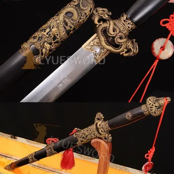 

LYUESWORD HIGH QUALITY CHINESE SWORD JIAN FOLDED STEEL HAND CARVED DRAGON BRASS FITTING SHARP COLLECTABLE SHARPENED BLADE