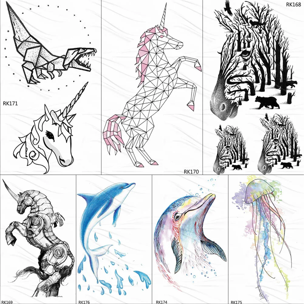 

OMMGO Geometric Unicorn Tattoo Temporary Dinosaur Dolphin Tatoos Paper For Kids Waterproof Flash Watercolor Zebra Tattoo Sticker