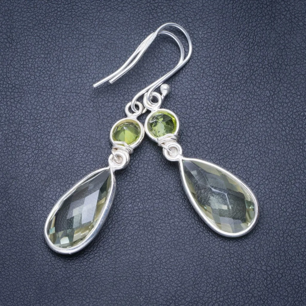 

Natural Green Amethyst and Peridot Handmade Unique 925 Sterling Silver Earrings 2" A0654