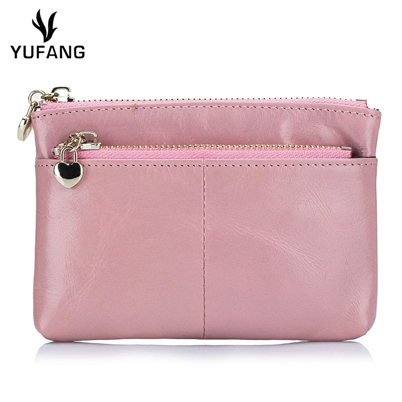 

YUFANG Women Sweet Wallet Genuine Leather Mini Change Purse Zipper Daily Coin Pocket Oil Wax Leather Key Holder Female Fashion
