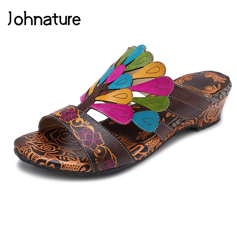 

Johnature 2019 New Summer Genuine Leather Hand-painted Outside Slippers Flower Wedges Sewing Sandals Women Women Slides