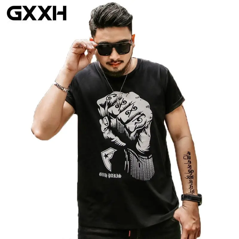 

GXXH Big Size Summer Oversized Men Brand Short Sleeve T-shirt Fist Print Breathable Casual Tee Shirt Homme Black Hip Hop 6xl 7xl
