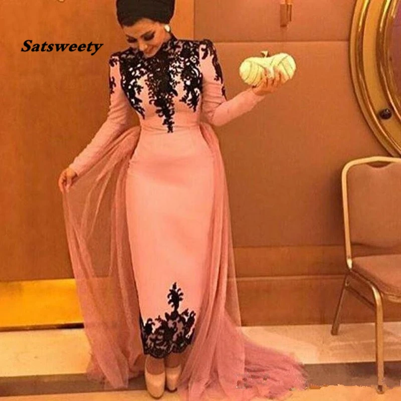 

Saudi Arabic Evening Dresses With Detachable Train Appliques Pink Long Party Prom Gowns Abendkleider vestido longo