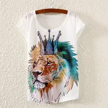 Ink Crown Lion Printed 2017 Summer Style Women s White Loose Casual Shorts Sleeve Tops Tees
