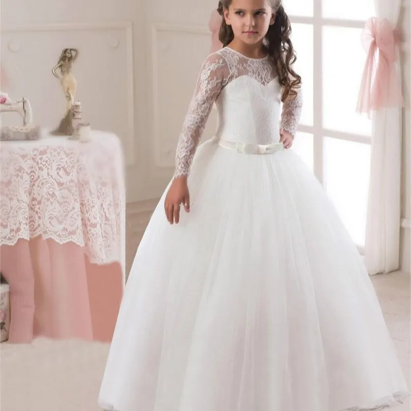 

Hot Selling 2019 Droppshipping Big Girls Dress Long-sleeved Lace Princess Kids Dresses Flower Girl Dress Pettiskirt GDR504
