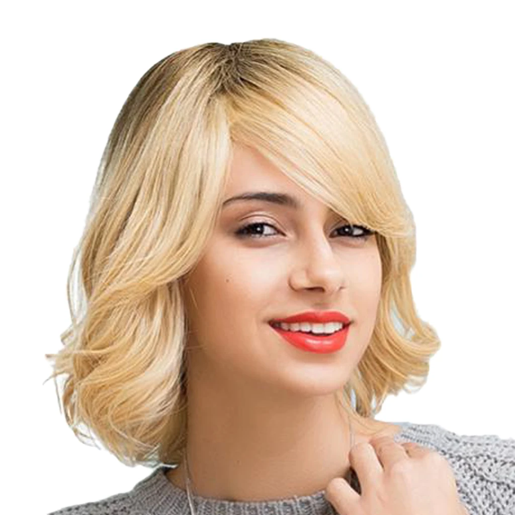 

Women Short Bob Style Wig Real Human Hair Natural Straight Curly Ombre Gold with Side Bangs Wigs for Daily & Wedding Wear