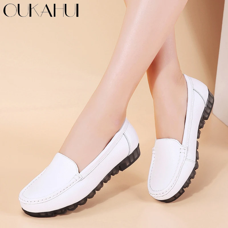 

OUKAHUI White Soft Bottom Genuine Leather Flat Shoes Woman Casual Round Toe Solid Slip On Feminino Flats Comfort Ladies Shoes