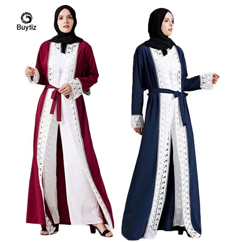

Buytiz UAE Black Mesh Muslim Crepe Abaya Maxi Dress Long Robe Gowns Kimono Ramadan Arabic Dubai Wine Red Lace Islamic Clothing