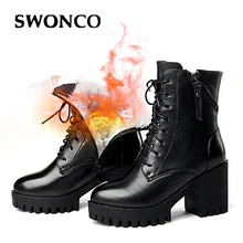 SWONCO/ботинки из натуральной кожи; женская зимняя обувь; шерсть; Теплая обувь на меху; повседневные ботильоны; женские ботинки; женская обувь на блочном каблуке;