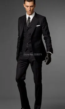 

tailor made Black Stripe Slim Fits Groom Tuxedos Best man Suit Wedding Business Men Suits Formal (Jacket+Pants+Tie+Vest)
