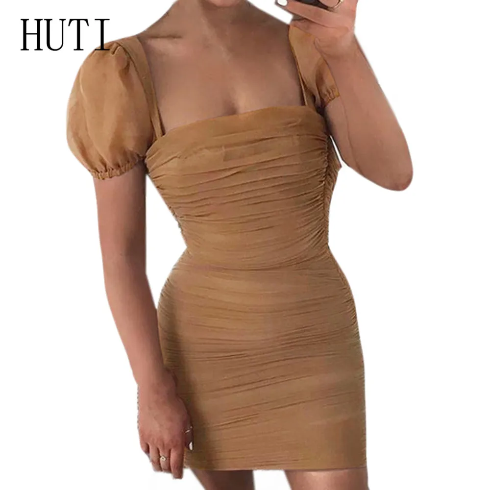 

HUTI Sexy See Through Mesh Pleated Mini Dress Elegant Lantern Short Sleeve Bodycon Club Party Dress Tops Female Summer Vertidos