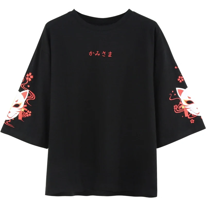 Japan Style Fox Printed Cross Ribbon T-shirt Women Girls' Three Quarter Sleeve Black Summer Tee Top Clothes Japan Style Fox Printed Cross Ribbon T-shirt Women Girls' Three Quarter Sleeve Black Summer Tee Top Clothes