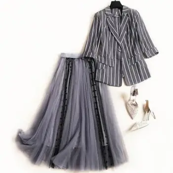 

Striped suit tops mesh gauze skirt 2019 summer new women's fashion small suitT3517