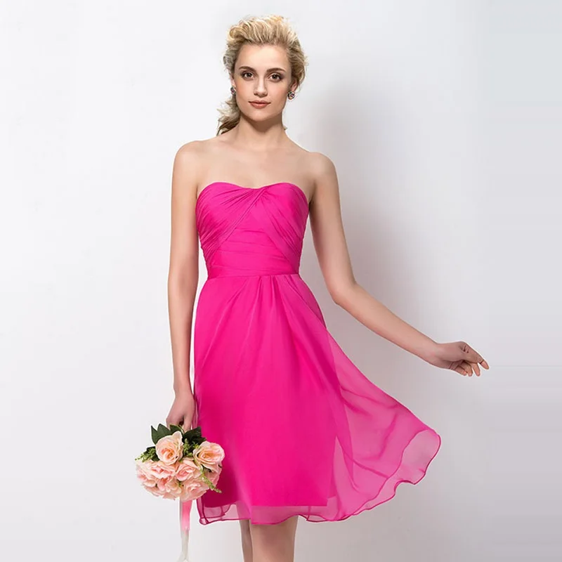 

Tanpell strapless bridesmaid dress fuchsia sleeveless knee length sheath gown lady wedding party custom short bridesmaid dresses