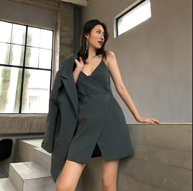 

MS Spring suit 2019 new net red two-piece suit with sling dress, self-cultivation small suit jacket J201903000282