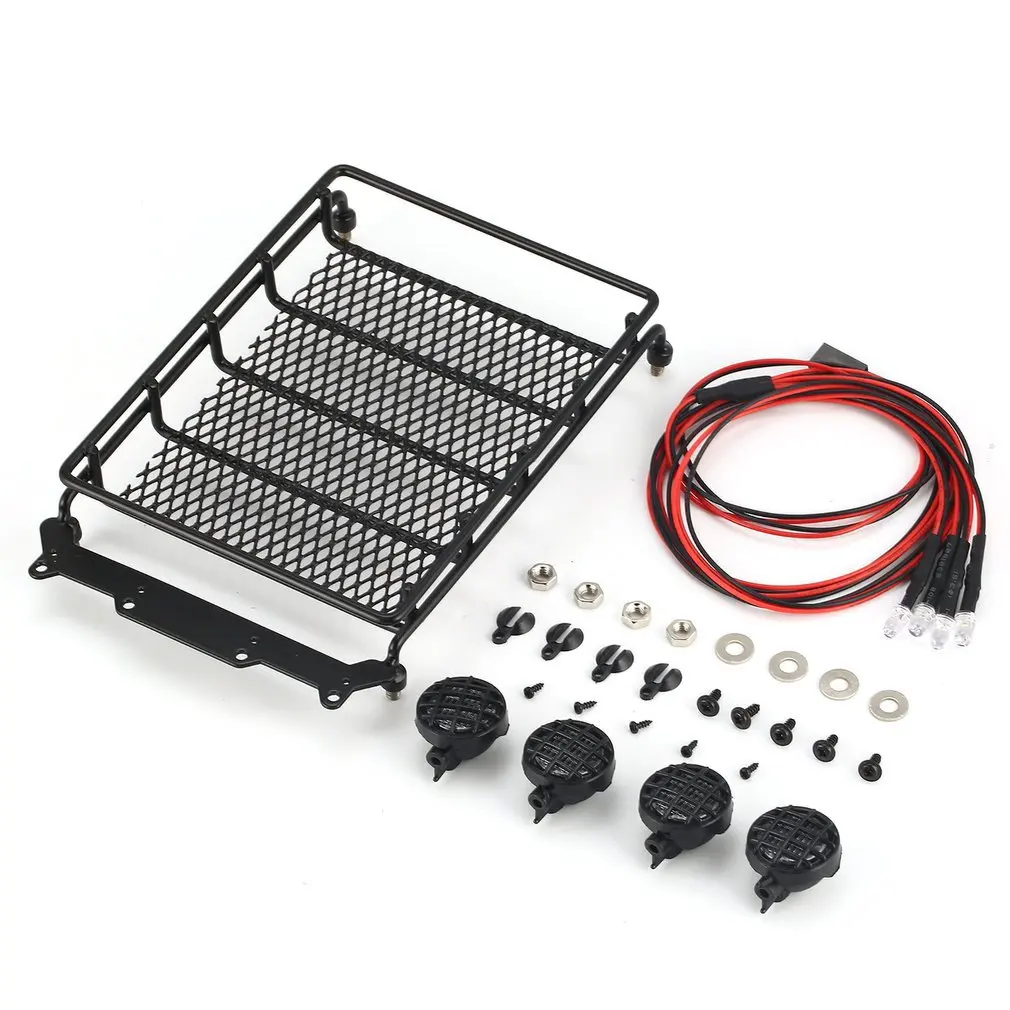 

Metal Roof Rack Luggage Carrier with LED Spotlights Bar for 1/10 RC Car Off-road Crawler TAMIYA CC01 AXIAL SCX10 D90