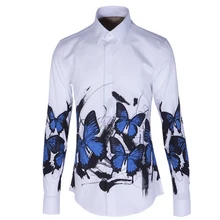 Осенняя модная синяя мужская рубашка с длинными рукавами и принтом бабочки Тонкая Повседневная рубашка одежда певицы