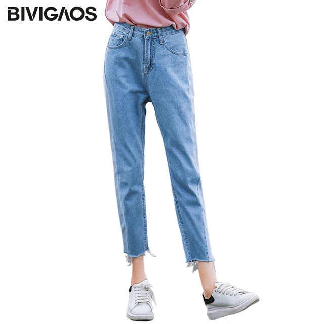 US $14.43 BIVIGAOS 2019 New Spring Autumn Womens Cropped Jeans Korean Side Stitching Washed Denim Straight Pa