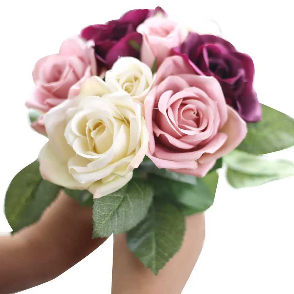 9 Heads Artificial Silk Fake Flowers Leaf Rose Wedding Floral Decor Bouquet Flowers for Home Wedding Decoration indoor#T1P