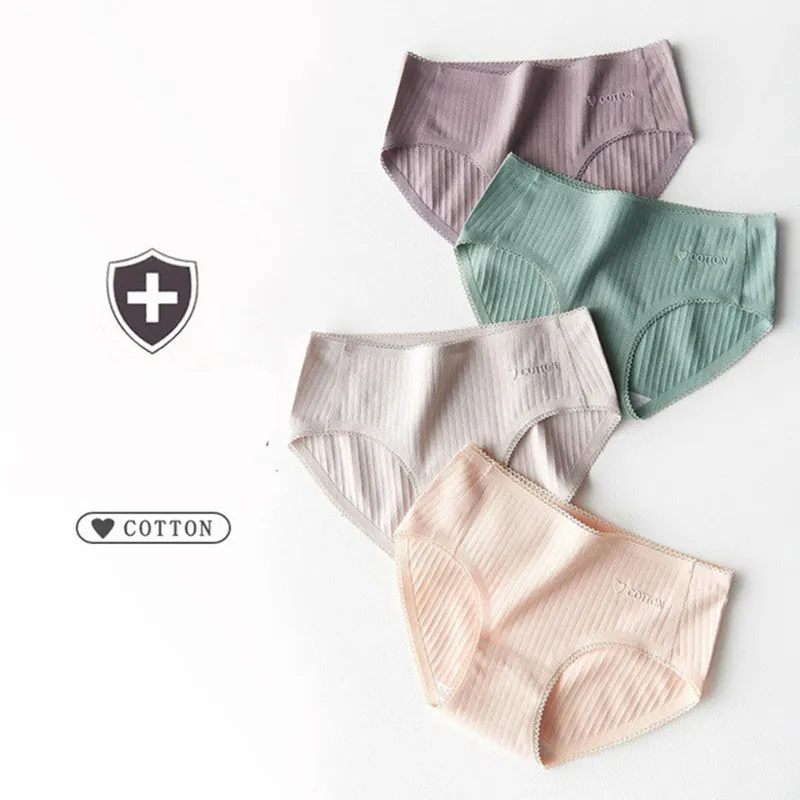 

New product seamless cotton underwear women breathable cotton antibacterial middle waist stripe lace side ladies triangle briefs